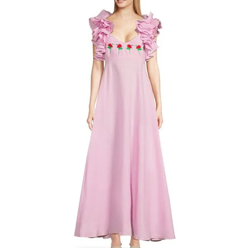 Fanm Mon long dress XS rose pink 100% linen Demre maxi ruffle sleeve